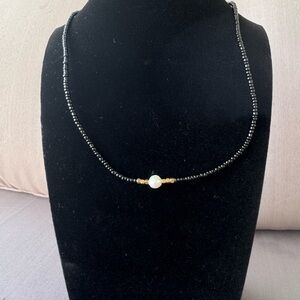 NWOT Elegant Black Beaded Choker Necklace with Pearl Accent